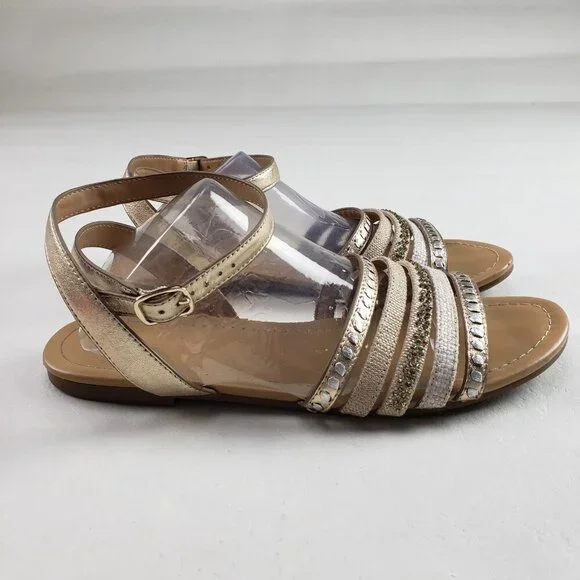 Jack Rogers Hannah Strappy Sandal Womens 9 Gold Leather Ankle Strap Open Toe - Picture 2 of 15